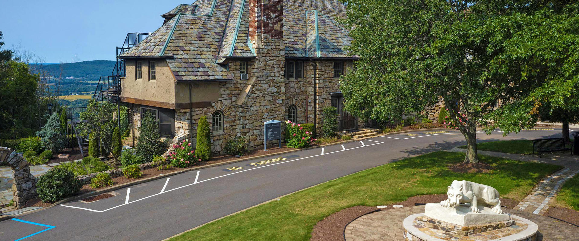 Aerial view of Schiavo Hall and the Nittany Lion shrine at Penn State Hazleton