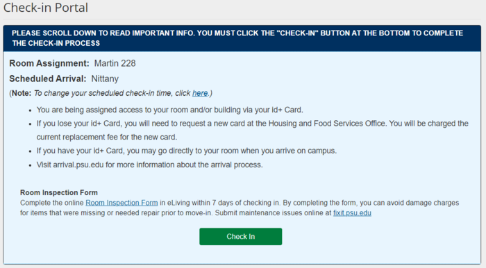 eLiving system page where the student will click the "check in" button to complete the process