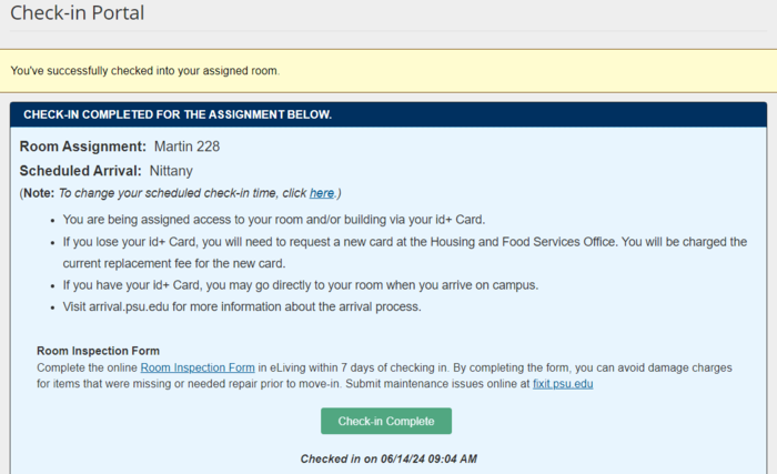eLiving system page that displays confirmation student has successfully checked in