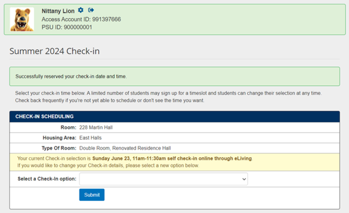 eLiving system page where students can select the date/time for when they want to move in