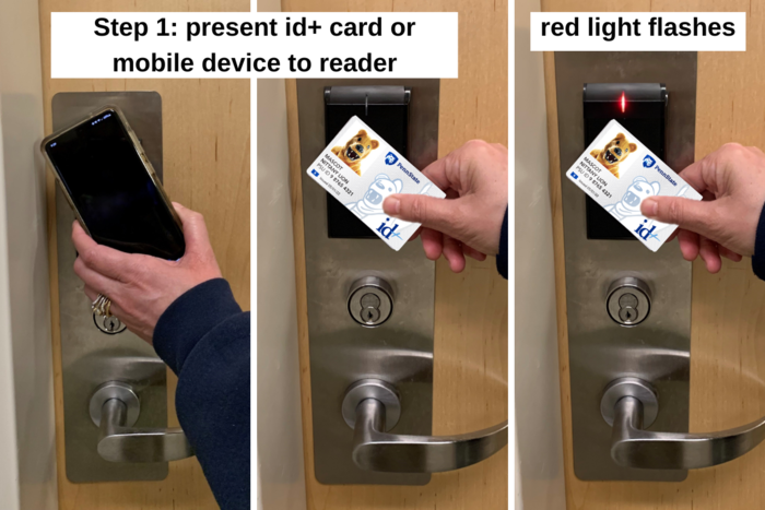 3 part image showing person holding cell phone or id card to door reader, then waiting for red light to flash