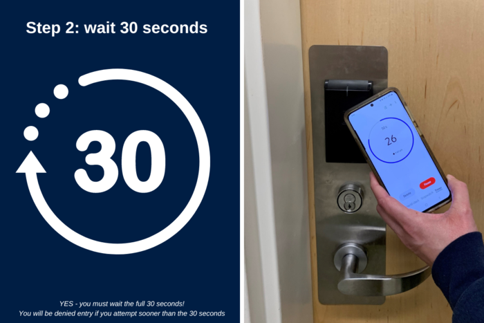 countdown clock showing 30 seconds - you must wait 30 seconds before presenting your phone to door again