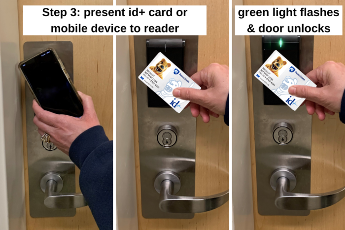 person holding their phone or ID card to door reader again to gain entry